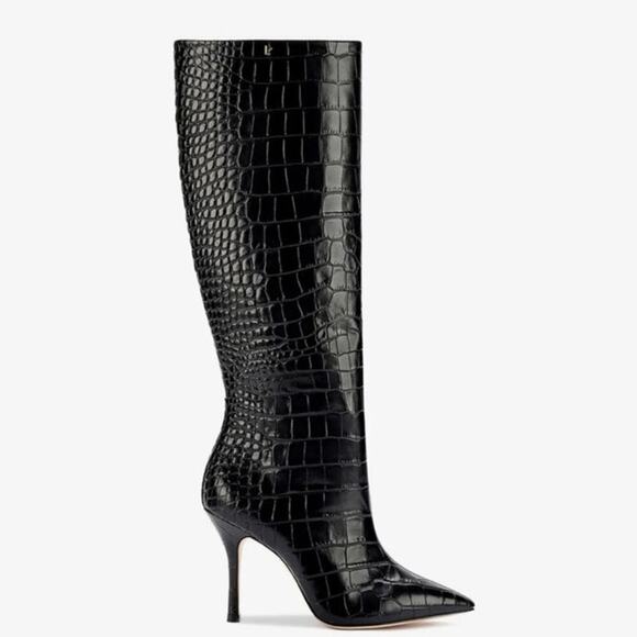 NWOB Larroude Kate Black Croc Stamped Leather Knee High Boots Size 6 - Picture 1 of 10